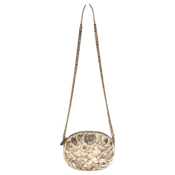 Michael Kors Handbag Small Womens Gold Leather Crossbody Chain Strap Fabric Zip - Picture 2 of 12